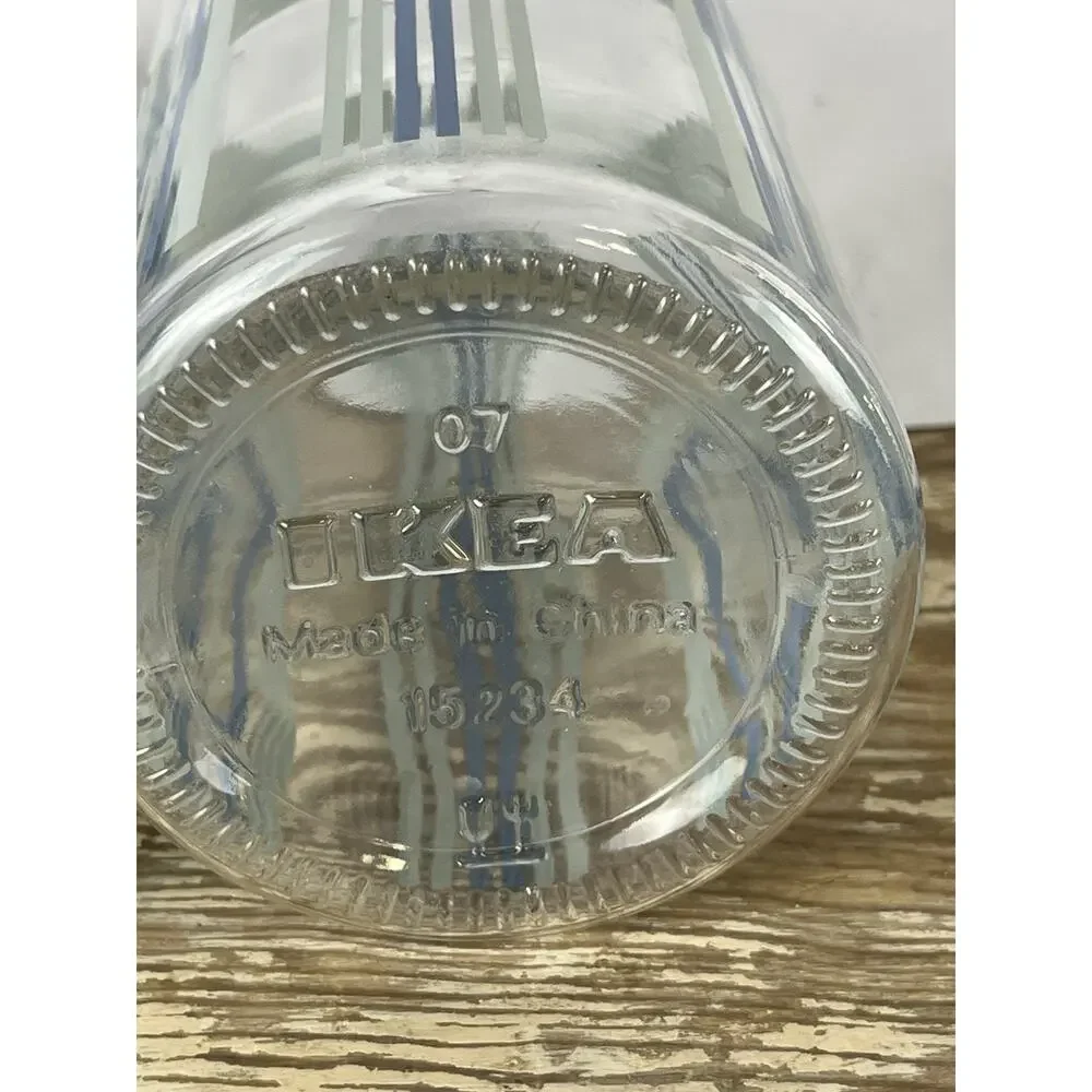 Set Of 2 Retired IKEA KORKEN Glass Bottles w/ Stopper Blue Green Floral Stripes